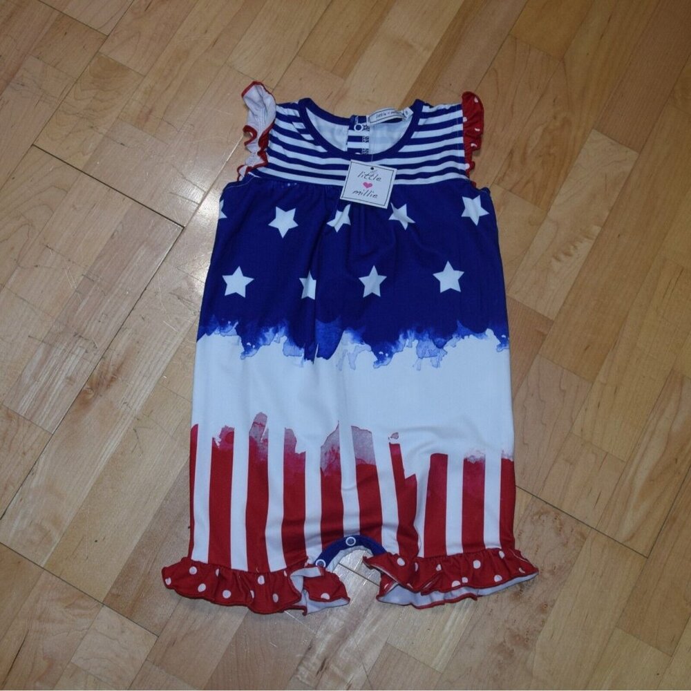 New w Tags! LITTLE MILLIE Boutique Baby Girls' Sz 3T American Flag Romper Outfit